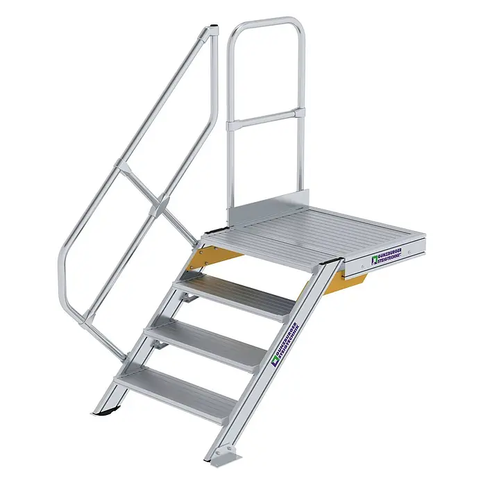 Munk Außentreppe Treppe mit Plattform 45° inkl. einen Handlauf, 800mm Stufenbreite, 4 Stufe -  - Silbergraue Aluminium-Stufenleiter mit vier Stufen, robuster Plattform und Handläufen für sicheren Zugang. Mit GÜNZBURGER STEIGTECHNIK Logo.