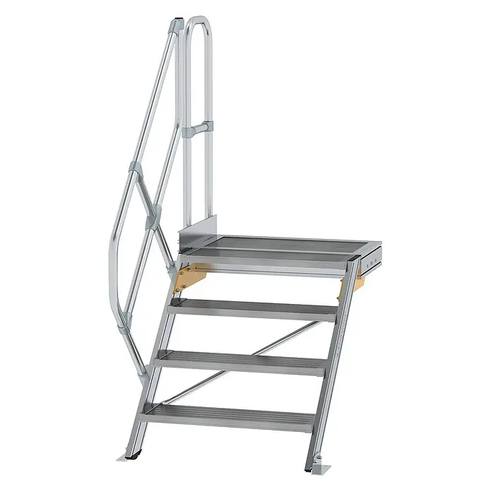 Munk Außentreppe Treppe mit Plattform 45° inkl. einen Handlauf, 800mm Stufenbreite, 4 Stufe -  - Silberne modulare Aluminium-Zugangstreppe mit Podest und Handläufen.