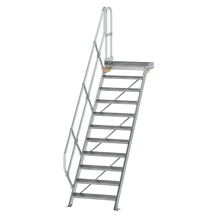 Munk Außentreppe Treppe mit Plattform 45° inkl. einen Handlauf, 800mm Stufenbreite, 11 Stuf -  - Silberne Aluminium-Industrietreppe mit einer oberen Plattform und stabilen Geländern.