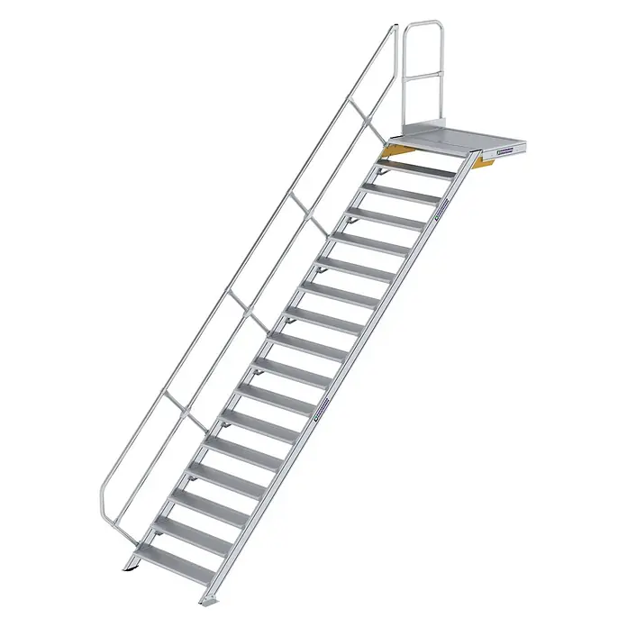 Munk Außentreppe Treppe mit Plattform 45° inkl. einen Handlauf, 1000mm Stufenbreite, 17 Stu -  - Modulare Aluminium-Zugangstreppe mit Plattform und Geländern.