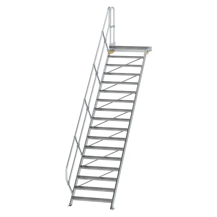 Munk Außentreppe Treppe mit Plattform 45° inkl. einen Handlauf, 1000mm Stufenbreite, 17 Stu -  - Silber-graue Metall-Zugangstreppe mit rutschfesten Stufen, integrierter Plattform und Sicherheitsgeländer.