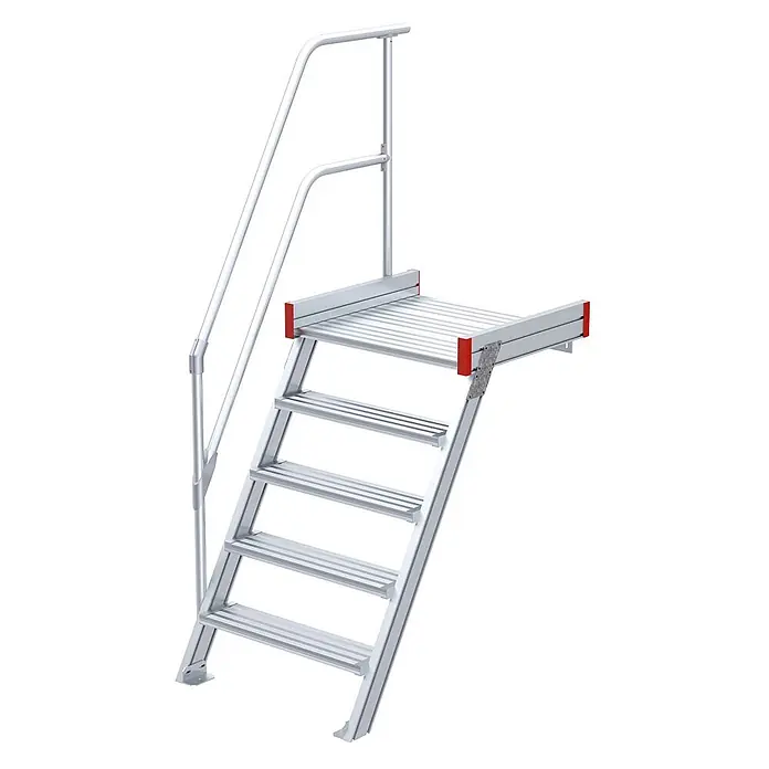 Euroline Außentreppe 511 Podesttreppe 60° 600mm Stufenbreite 5 Stufen Alu gerieft -  - Silberne Aluminium-Modultreppe mit integrierter Plattform und Geländer für Industriezugang.