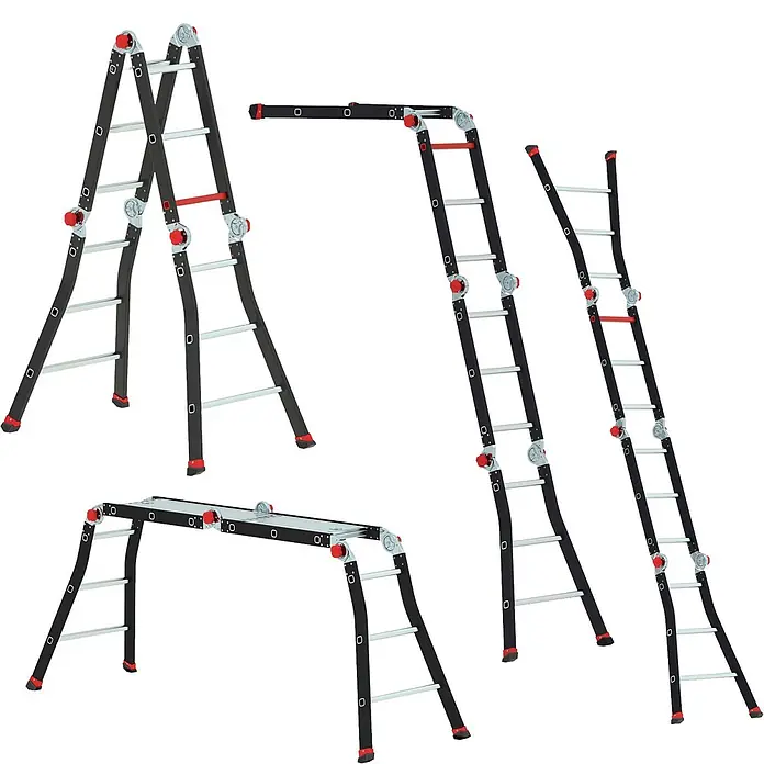 Altrex Mehrzweckleiter Varitrex Pro+ Vielzweckleiter 4x3 Sprossen - Arbeitshöhe: 4.350 m - Schwarze und rote Aluminium-Mehrzweckleiter in A-Form, ausgezogen und als Gerüst gezeigt.
