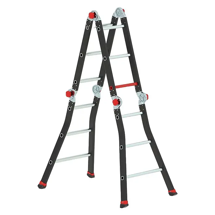 Altrex Mehrzweckleiter Varitrex Pro+ Vielzweckleiter 4x3 Sprossen - Arbeitshöhe: 4.350 m - Schwarze Mehrzweck-Gelenkleiter mit silbernen Sprossen und roten Gelenkverriegelungen und Fußkappen, in A-Stellung.