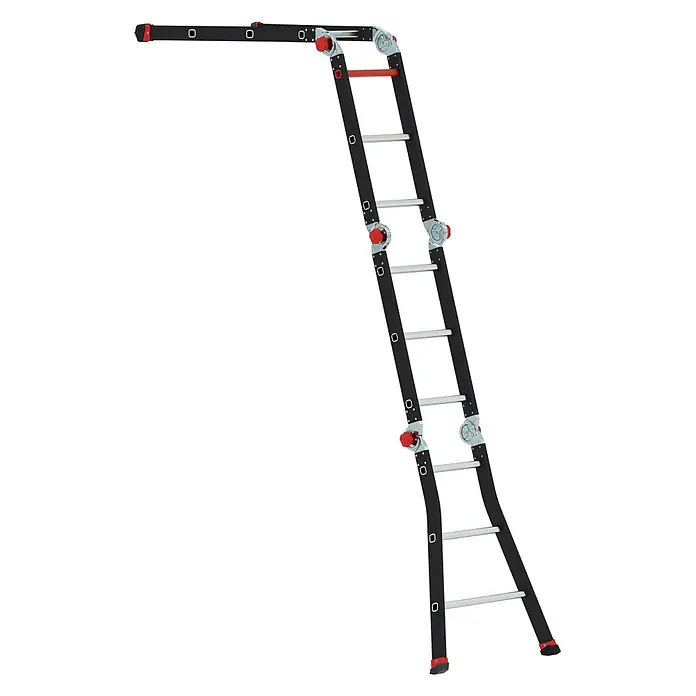 Altrex Mehrzweckleiter Varitrex Pro+ Vielzweckleiter 4x3 Sprossen - Arbeitshöhe: 4.350 m - Schwarze Mehrzweckleiter mit silbernen Sprossen und roten Gelenken, L-förmig für größere Reichweite konfiguriert.