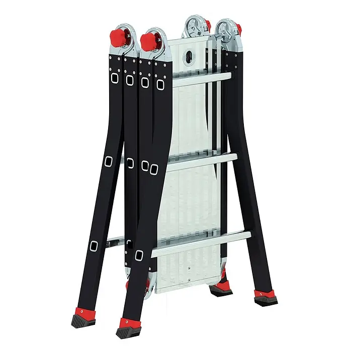 Altrex Mehrzweckleiter Varitrex Pro+ Vielzweckleiter 4x3 Sprossen - Arbeitshöhe: 4.350 m - Schwarze und silberne Mehrzweckleiter, zu einem A-Rahmen zusammengeklappt, mit roten Gelenkakzenten und rutschfesten Füßen.
