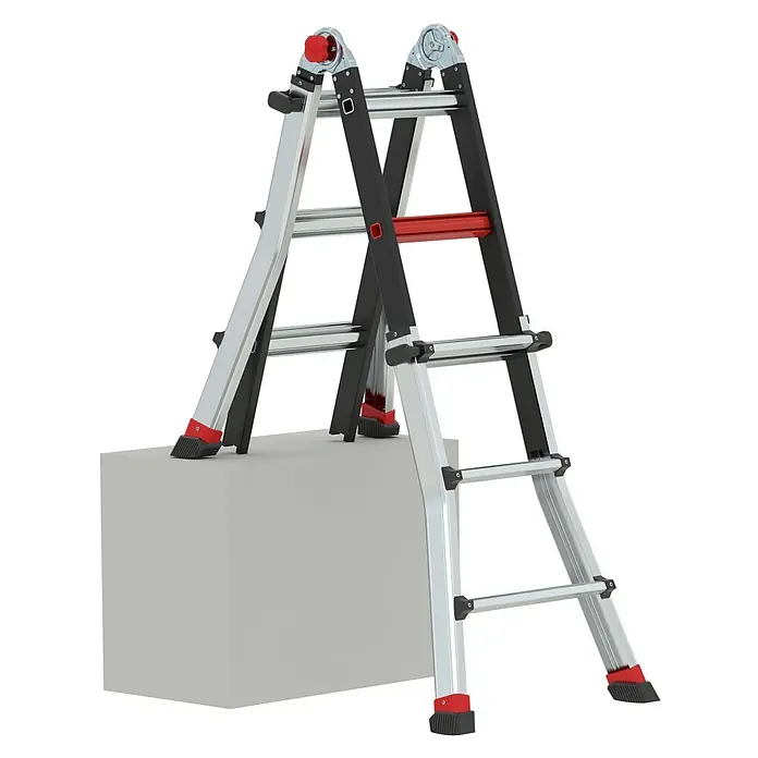 Altrex Mehrzweckleiter Varitrex Tele Pro+ Vielzweckleiter 4x3 Sprossen - Arbeitshöhe: 3.800 m - Silber-schwarze Gelenkleiter mit roten Akzenten, als Stehleiter aufgestellt.