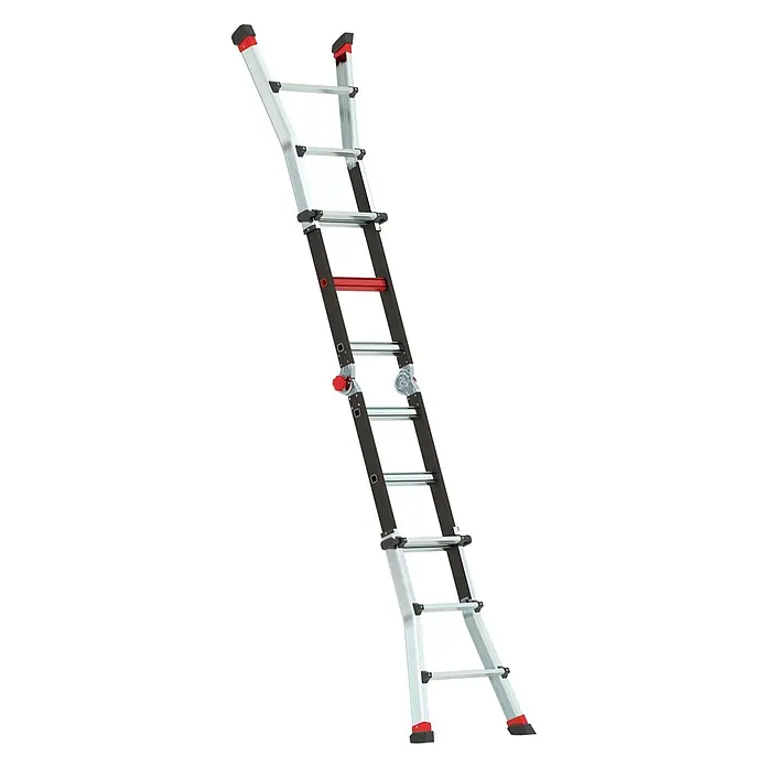 Altrex Mehrzweckleiter Varitrex Tele Pro+ Vielzweckleiter 4x3 Sprossen - Arbeitshöhe: 3.800 m - Eine silber-schwarze Gelenkleiter mit roten Scharnieren und Füßen.
