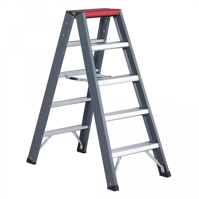 Altrex Stehleiter Falco beidseitig begehbare Stufenleiter FDO 5 Stufen ohne Bügel - Anzahl Tritte: 5 Stk., Arbeitshöhe: 3.200 m - Grau-rote Aluminium-Klappleiter mit mehreren Stufen.