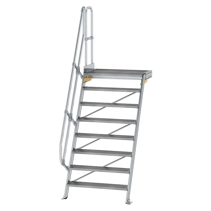 Munk Raumspartreppe Treppe mit Plattform 60° inkl. einen Handlauf, 1000mm Stufenbreite 8 Stufe -  - Silbergraue Aluminium-Zugangstreppe mit Handlauf und oberer Plattform.