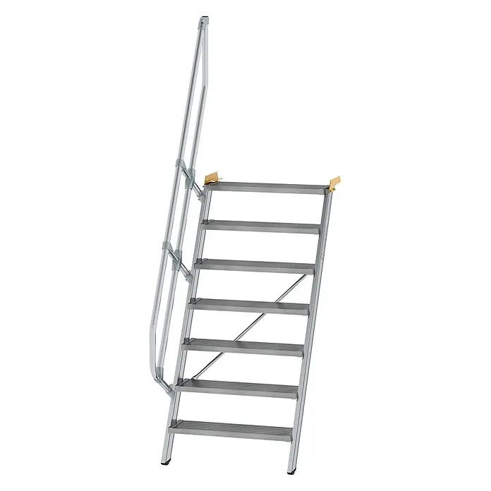 Munk Raumspartreppe Treppe 60° inkl. einen Handlauf, 800mm Stufenbreite, 7 Stufen -  - Silberne Aluminium-Arbeitsplattform mit 7 Stufen und einem Handlauf.