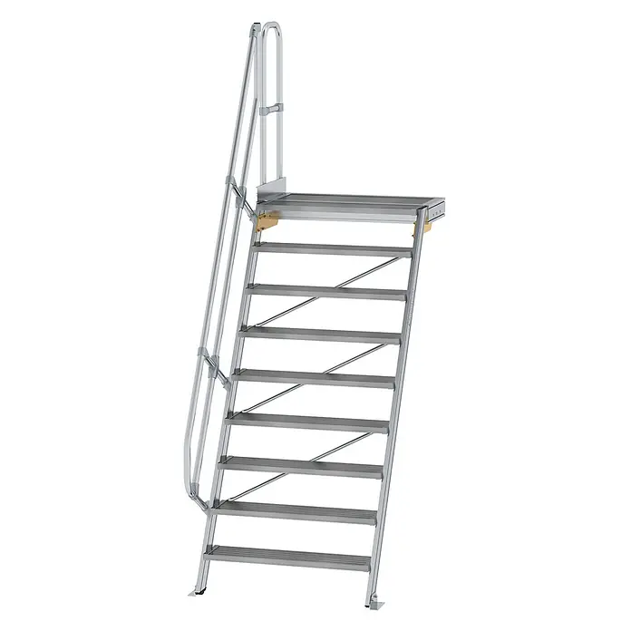 Munk Raumspartreppe Treppe mit Plattform 60° inkl. einen Handlauf, 1000mm Stufenbreite, 9 Stuf -  - Silberne Aluminium-Arbeitsplattform mit schrägen Treppen und Handläufen, inklusive einer stabilen oberen Plattform.