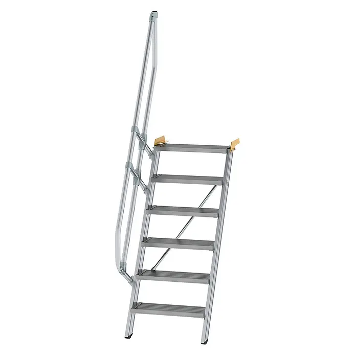 Munk Raumspartreppe Treppe 60° inkl. einen Handlauf, 600mm Stufenbreite, 6 Stufen -  - Hellegraue Aluminium-Zugangstreppe mit sechs rutschfesten Stufen und durchgehendem Handlauf, oben mit gelben Montagehalterungen.