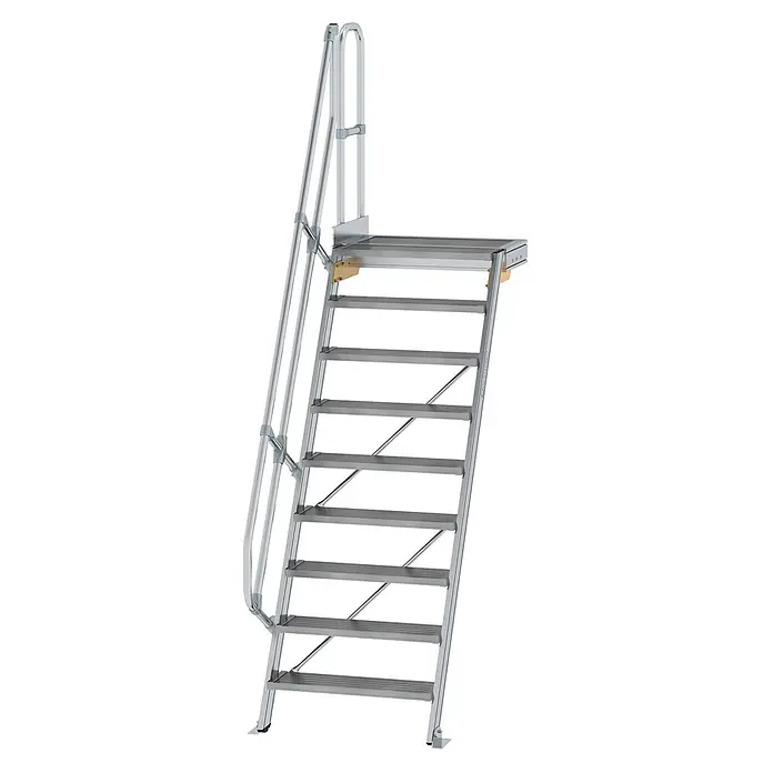 Munk Raumspartreppe Treppe mit Plattform 60° inkl. einen Handlauf, 800mm Stufenbreite, 9 Stufe - Breite: 107 cm - Silberne Aluminium-Zugangstreppe mit Plattform und integriertem Handlauf.