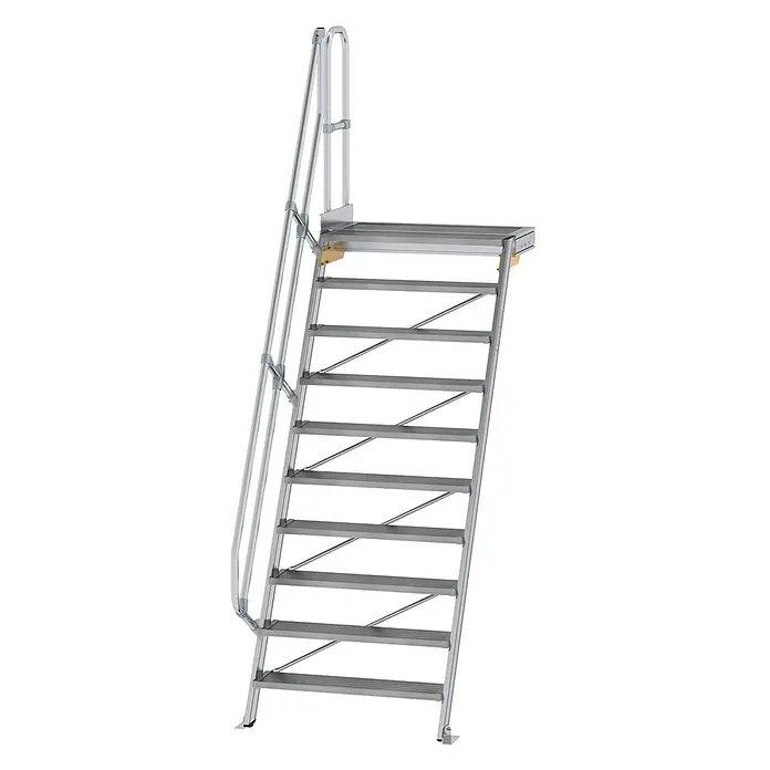 Munk Raumspartreppe Treppe mit Plattform 60° inkl. einen Handlauf, 1000mm Stufenbreite, 10 Stu -  - Silberne Aluminiumtreppe mit Podest und Geländer für sicheren Zugang.
