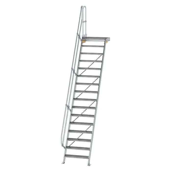 Munk Raumspartreppe Treppe mit Plattform 60° inkl. einen Handlauf, 800mm Stufenbreite, 16 Stuf -  - Silberne Metall-Zugangstreppe mit Geländern und einer oberen Plattform.