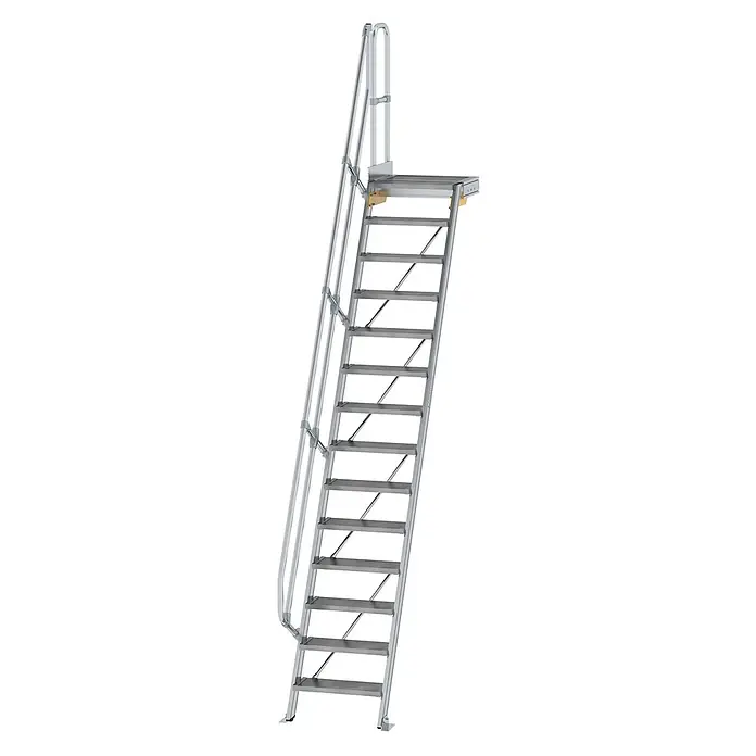 Munk Raumspartreppe Treppe mit Plattform 60° inkl. einen Handlauf, 600mm Stufenbreite, 14 Stuf -  - Silberne Aluminium-Zugangsleiter mit Handläufen und einer oberen Plattform für sicheren Aufstieg.