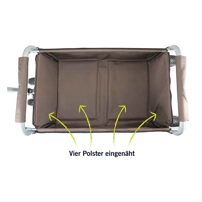Beachtrekker Bollerwagen faltbarer Bollerwagen Life mit integrierter Feststellbremse Rot und Luftrei - Kunststoff - Innenansicht eines braunen Stoff-Bollerwagens mit vier eingenähten Polstern im Boden.