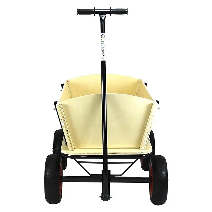 Beachtrekker Bollerwagen Style Holz Bollerwagen Handwagen Pirat - Holz - Vorderansicht eines BeachTrekker Holzwagens mit schwarzem Griff und großen schwarzen Rädern mit roten Felgen.