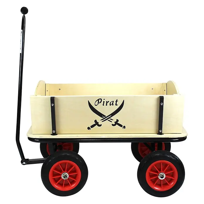 Beachtrekker Bollerwagen Style Holz Bollerwagen Handwagen Pirat mit Sonnenverdeck - Holz - Hölzerner Kinderbollerwagen mit schwarzem Griff, roten Rädern und „Pirat“-Motiv mit gekreuzten Säbeln.