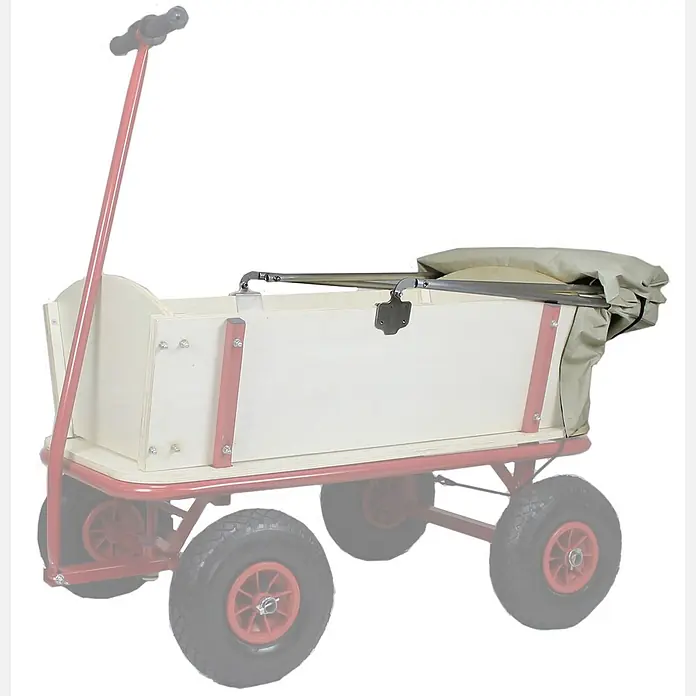 Beachtrekker Bollerwagen Style Holz Bollerwagen Handwagen Natur mit Sonnenverdeck - Holz - Holzbollerwagen mit rotem Gestell, Rädern und beigefarbener Schutzhaube.