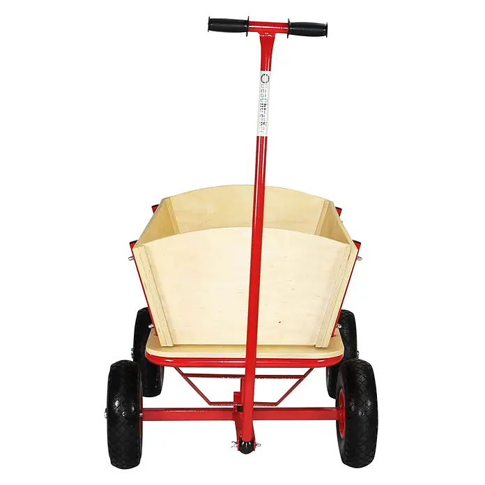 Beachtrekker Bollerwagen Style Holz Bollerwagen Handwagen Natur - Holz - Roter Metallwagen mit naturfarbener Holzpritsche und schwarzem Griff. Verfügt über vier schwarze Räder.