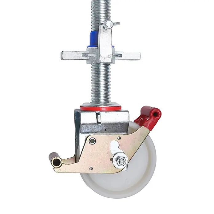 Hymer Rollgerüst Fahrgerüst ADVANCED SAFE-T Modul 1 + 2 Bühnenlänge 1,58m -  - Gerüst-Schraubspindel aus Metall mit verstellbarer Gewindestange, Sicherungsstift und einem weißen Lenkrad mit rotem Griff.