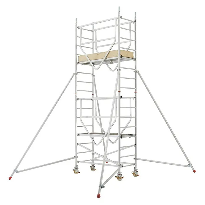 Hymer Rollgerüst Fahrgerüst ADVANCED SAFE-T Modul 1 + 2 Bühnenlänge 1,58m -  - Silberfarbenes Aluminium-Rollgerüst mit Holzplattformen, Lenkrollen und Auslegern.
