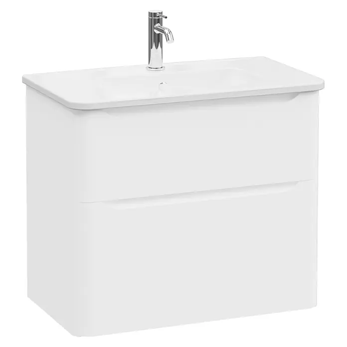 VitrA Integra Round Badmöbel-Set - Gesamtbreite Badmöbel: 80 cm, Weiß, Matt - Weißer wandmontierter Badunterschrank mit integriertem Keramikwaschbecken und Chromarmatur, mit zwei grifflosen Schubladen.
