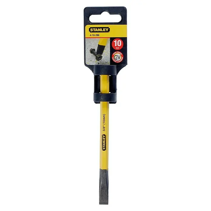 Stanley Cincel plano - An x L: 10 x 140 mm, Acero - Cincel plano Stanley 4-18-286 de 10 mm con mango amarillo, ideal para trabajos de precisión y bricolaje.