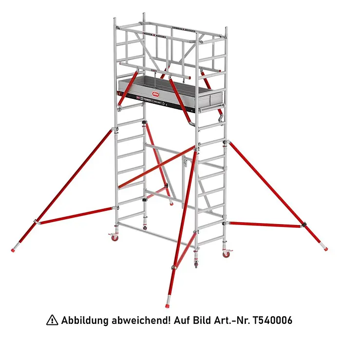 Altrex Rollgerüst Klappgerüst RS Tower 54 Aluminium Fiber-Deck Plattform 0,75x1,85m ohne Saf - Arbeitshöhe: 4.800 m - Silbernes fahrbares Gerüst vom Typ Altrex RS TOWER 5 mit roten Stützen und Plattform.