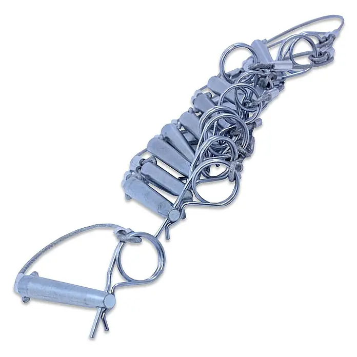 Altrex Rollgerüst Keil-Kupplungen mit Sicherungsclip MTB im 10er-Pack für modulare Dreieckb� -  - Silberfarbene Metall-Bolzen mit Klappsteckern, verbunden durch ein Drahtseil.