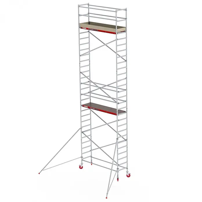 Altrex Rollgerüst Fahrgerüst RS Tower 41 PLUS Aluminium ohne Safe-Quick® mit Holz-Plattform - Arbeitshöhe: 9.200 m - Hoher, silberfarbener fahrbarer Gerüstturm mit Holzplattformen, roten Rädern und Auslegern für Stabilität.