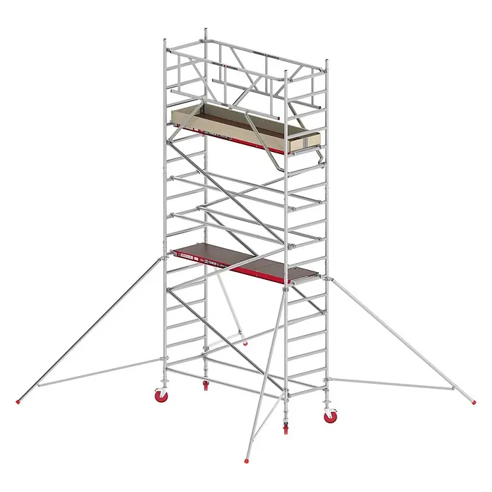 Altrex Rollgerüst Fahrgerüst RS Tower 41 PLUS Aluminium ohne Safe-Quick® mit Holz-Plattform - Arbeitshöhe: 6.200 m - Silberfarbenes Aluminium-Rollgerüst mit roten Rollen und Plattformen, stabilisiert durch Ausleger.