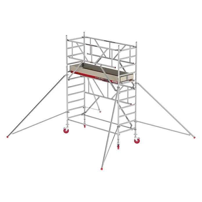 Altrex Rollgerüst Fahrgerüst RS Tower 41 PLUS Aluminium mit Safe-Quick® und Holz-Plattform - Arbeitshöhe: 4.200 m - Silberfarbenes Aluminium-Rollgerüst mit Holzplattform, roten Rädern und stabilisierenden Auslegern.