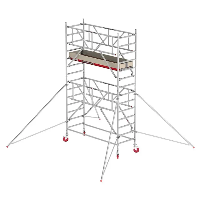 Altrex Rollgerüst Fahrgerüst RS Tower 41 PLUS Aluminium mit Safe-Quick® und Holz-Plattform - Arbeitshöhe: 5.200 m - Silberfarbener Alu-Fahrgerüstturm mit roten Akzenten, Holzplattform und Auslegern für Stabilität.