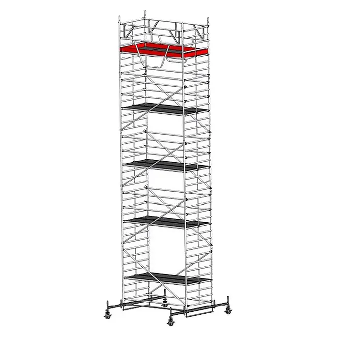 Euroline Rollgerüst Gerüst 9514 mit Sicherheitsaufbau 1,50x2,85m Fahrbalken verschiebbar 11,50 - Arbeitshöhe: 11.500 m - Hohes, mobiles Aluminium-Rollgerüst mit mehreren Arbeitsbühnen, oben eine rote Plattform und Rollen am Fuß.