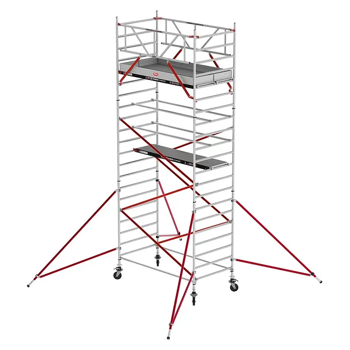 Altrex Rollgerüst Fahrgerüst RS Tower 52 Aluminium mit Holz-Plattform 7,20m AH 1,35x1,85m - Arbeitshöhe: 7.200 m - Mobiler Aluminium-Gerüstturm mit zwei Plattformen, roten Diagonalstreben und roten Auslegern für Stabilität, auf Rollen.