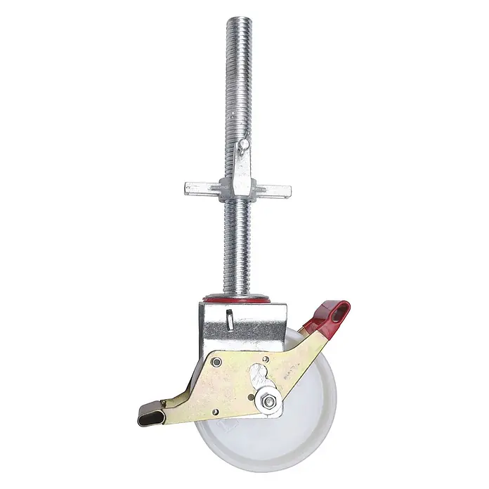 Hymer Rollgerüst Einzelteil Gerüst Lenkrolle mit Spindel für Fahrgerüste mit Fahrtraverse -  - Verstellbare Gerüstspindel aus Metall mit rotem Hebel und weißer Lenkrolle.