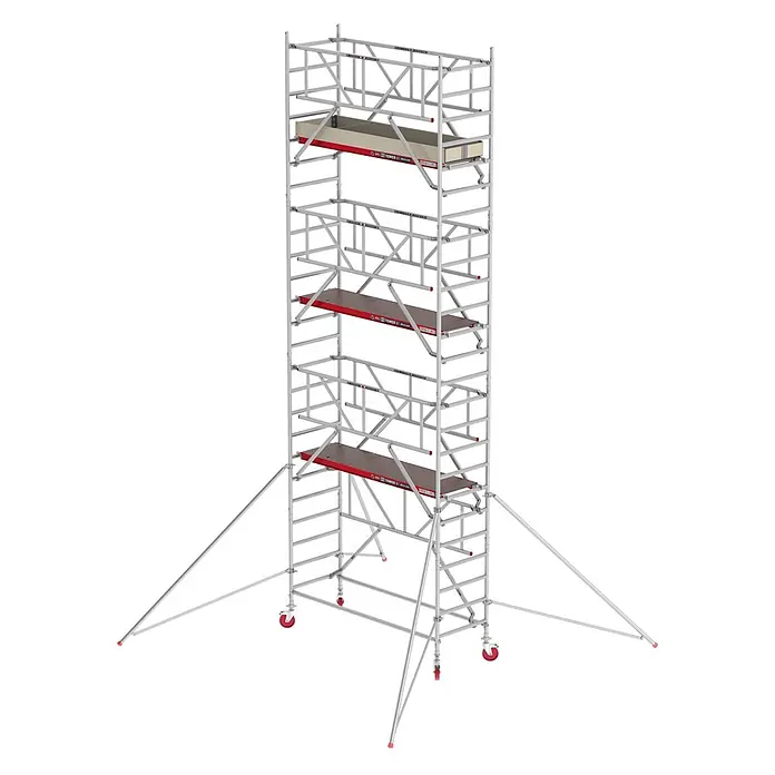 Altrex Rollgerüst Fahrgerüst RS Tower 41 PLUS Aluminium mit Safe-Quick® und Holz-Plattform - Arbeitshöhe: 8.200 m - Mobiler Aluminium-Gerüstturm mit roten Arbeitsplattformen und Auslegern.