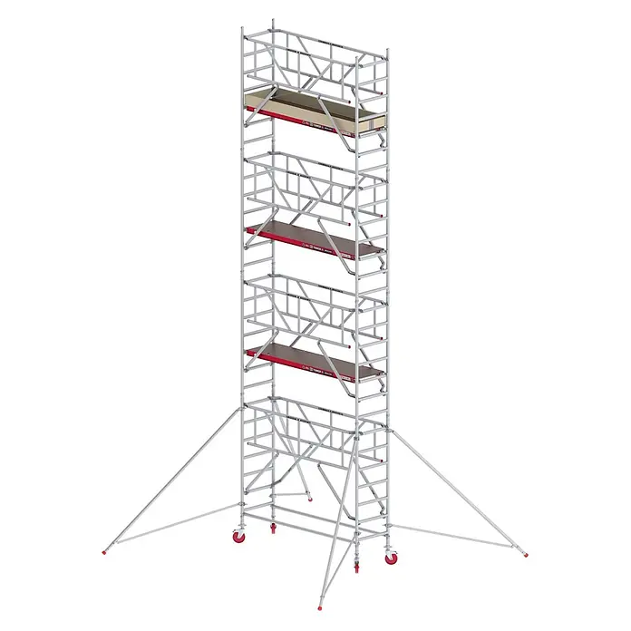 Altrex Rollgerüst Fahrgerüst RS Tower 41-S Aluminium mit Safe-Quick und Holz-Plattform 9,20m - Arbeitshöhe: 9.200 m - Silber-graues mobiles Gerüst mit drei dunklen Holzplattformen, roten Akzenten, Rollen und Auslegern.