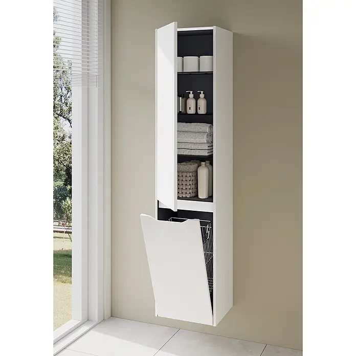 VitrA Hochschrank Integra Square - B x T x H: 40 x 37 x 180 cm, Weiß, Inklusive 3 Glasböden und Wäscheklappe, DIN Anschlag: Links - Weißer Wandschrank mit offenen Türen, Badaufbewahrung und ausziehbarem Wäschekorb.