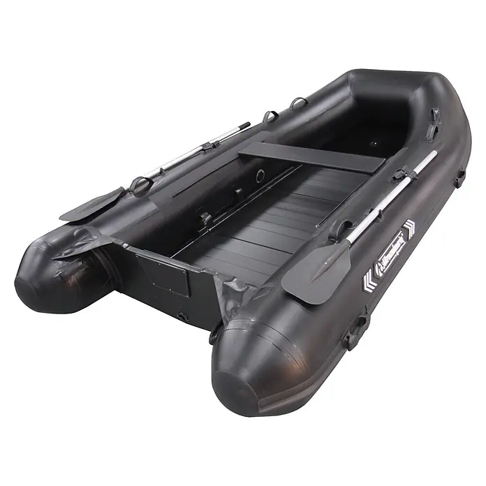 Tohatsu Schlauchboot Allroundmarin T320 - L x B: 325 x 169 cm, Geeignet für: Max. 4 Personen, Nutzlast: 750 kg - Schwarzes Schlauchboot mit Rudern und festem Boden und Sitz.