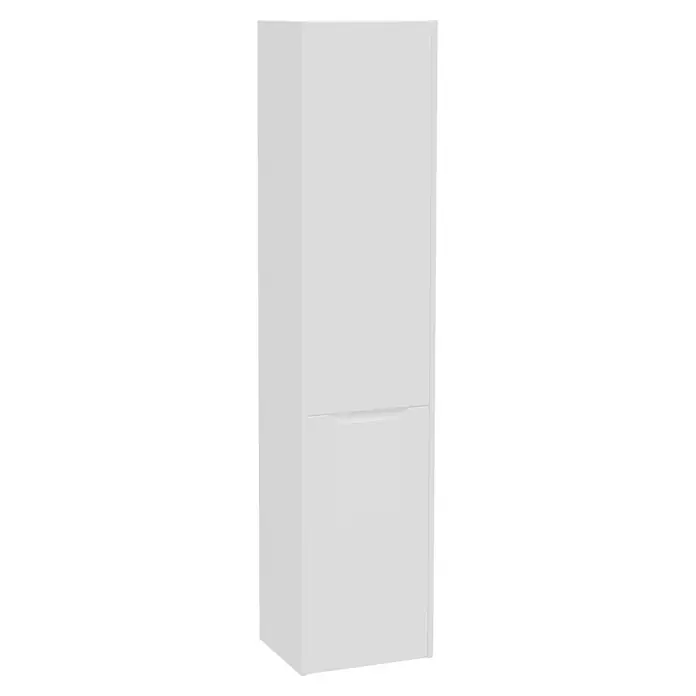 VitrA Hochschrank Integra Square - B x T x H: 40 x 37 x 180 cm, Weiß, Inklusive 3 Glasböden und Wäscheklappe, DIN Anschlag: Rechts - Hoher weißer Zweitürer-Schrank mit integrierten gebogenen Griffen.