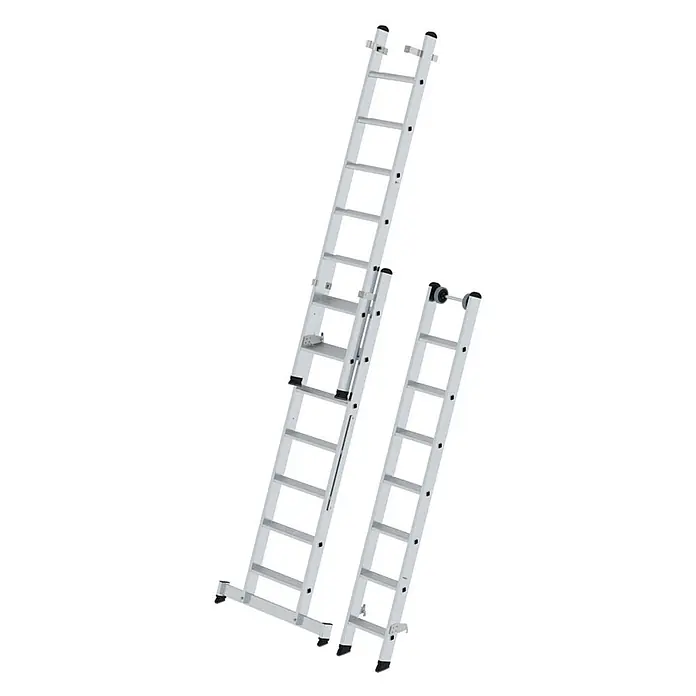 Munk Mehrzweckleiter Stufen- Mehrzweckleiter mit Wandlaufrollen und Nivello® Traverse 3x7 Stufe - Anzahl Tritte: 7 Stk., Arbeitshöhe: 6.100 m, Aluminium - Silberne Aluminium-Ausziehleiter, zweiteilig.
