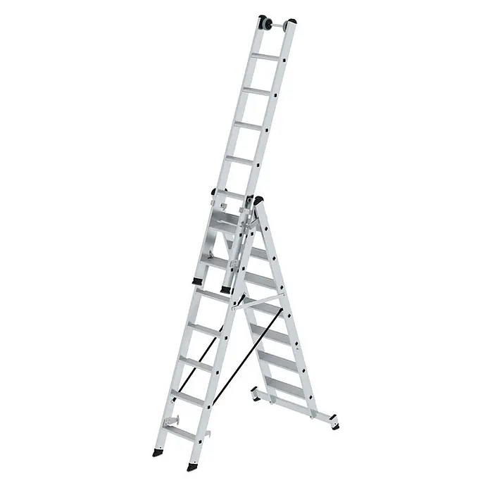 Munk Mehrzweckleiter Stufen- Mehrzweckleiter mit Wandlaufrollen und Nivello® Traverse 3x7 Stufe - Anzahl Tritte: 7 Stk., Arbeitshöhe: 6.100 m, Aluminium - Silberne Aluminium-Mehrzweck-Anlegeleiter in stabiler A-Form aufgestellt.