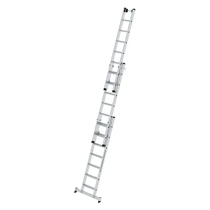 Munk Mehrzweckleiter Stufen- Mehrzweckleiter mit Wandlaufrollen und Nivello® Traverse 3x7 Stufe - Anzahl Tritte: 7 Stk., Arbeitshöhe: 6.100 m, Aluminium - Silberne Aluminium-Ausziehleiter mit mehreren vollständig ausgefahrenen Abschnitten, breiten Sprossen und rutschfesten Füßen.