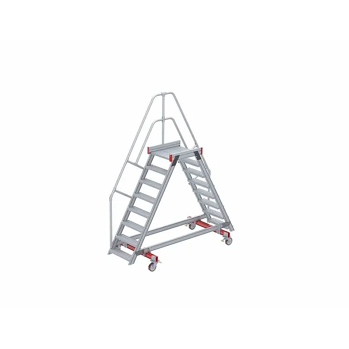 Euroline Treppenpodest 512 mobiler Überstieg 60° Stufenausführung Alu gerieft Stufenbreite 600m -  - Mobile Arbeitsplattform aus Aluminium mit Stufen, Plattform, Handläufen und roten Rollen.