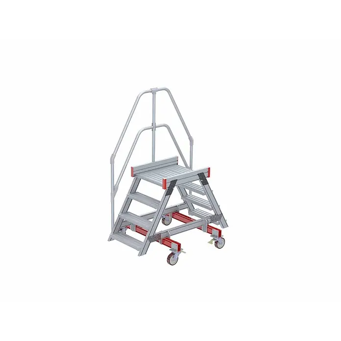Euroline Treppenpodest 512 mobiler Überstieg 60° Stufenausführung Alu gerieft Stufenbreite 600m -  - Mobile Aluminium-Arbeitsplattform mit Handläufen und roten Akzenten auf Rollen.