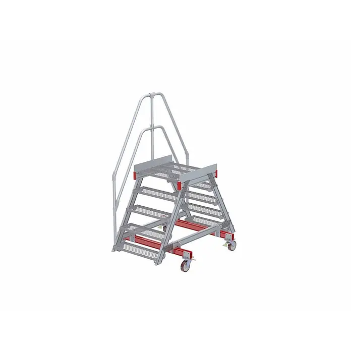 Euroline Treppenpodest 512 mobiler Überstieg 60° Stufenausführung Stahl Gitterrost Stufenbreite -  - Mobile Aluminium-Arbeitsplattform mit roten Akzenten, Sicherheitsgeländern und Rollen für leichte Bewegung.